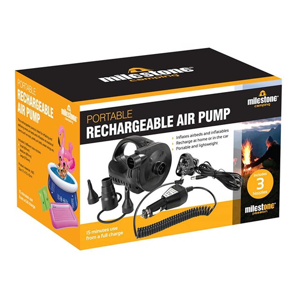 Milestone Portable Rechargeable Air Pump | Dual-Power, 3 Nozzles, Carry Handle