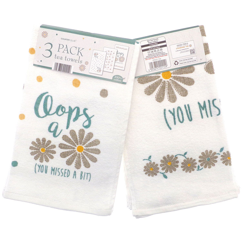 Country Club Daisy Design Tea Towels | Pack of 3, 100% Cotton