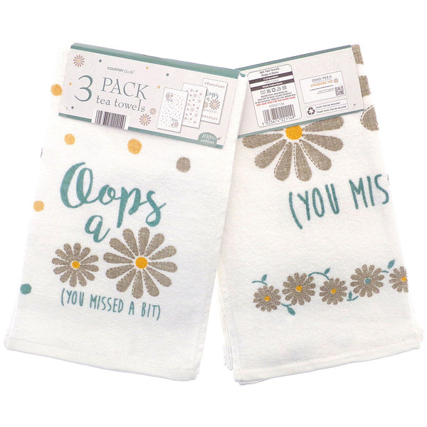 Country Club Daisy Design Tea Towels | Pack of 3, 100% Cotton