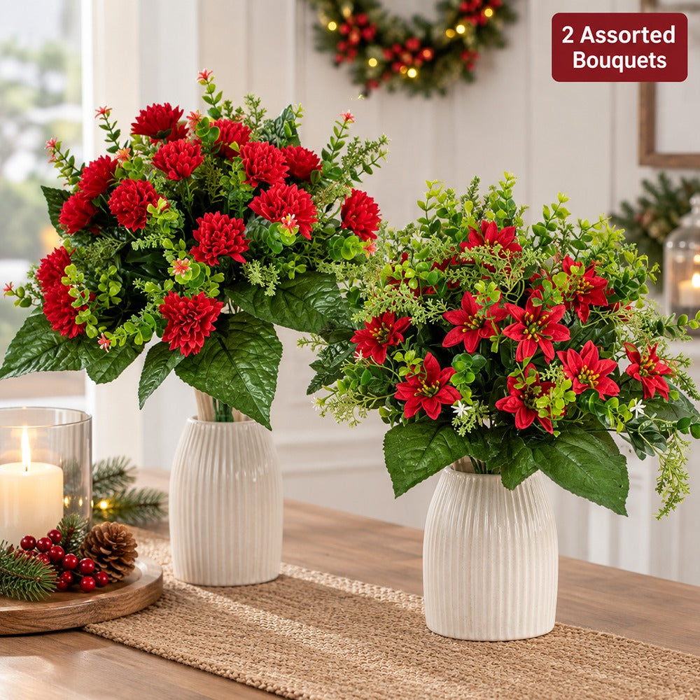 Christmas Red Chrysanthemum & Poinsettia Bouquets | Festive Decor