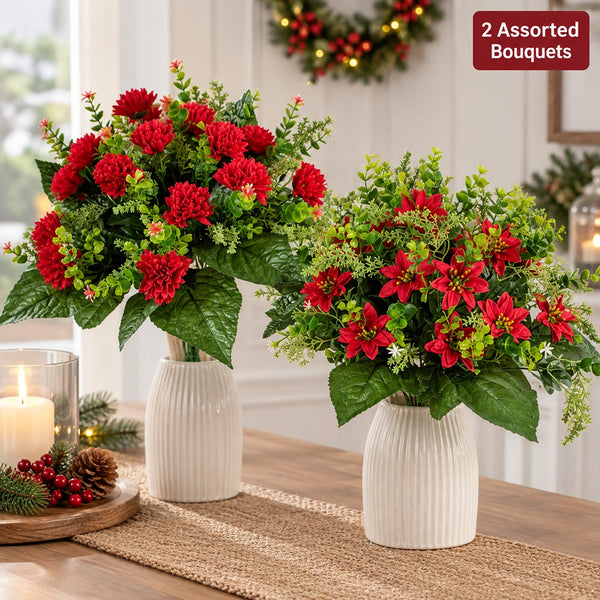 Christmas Red Chrysanthemum & Poinsettia Bouquets | Festive Decor