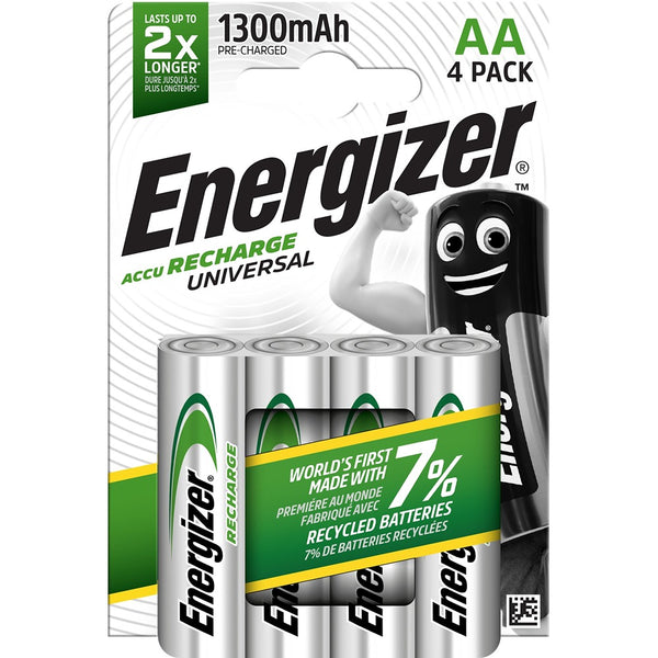 Energizer Rechargeable AA Batteries Pack of 4 | 1300mAh, Precharged, 7% Recycled