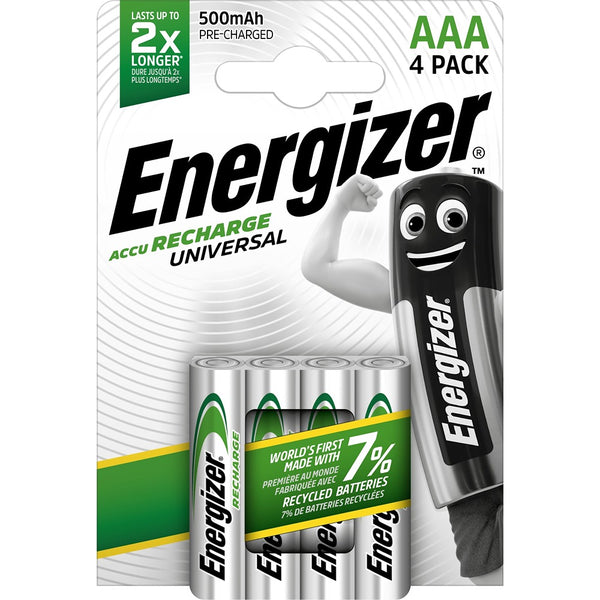 Energizer AAA Rechargeable Batteries Pack of 4 | 500mAh, Precharged, 7% Recycled