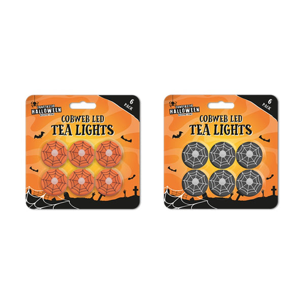Halloween Cobweb LED Tea Light Candles - Pack of 6, Assorted Colours