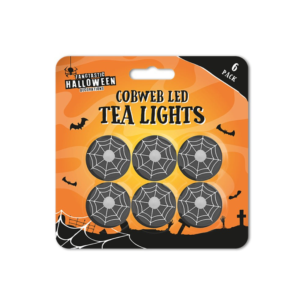 Halloween Cobweb LED Tea Light Candles - Pack of 6, Assorted Colours