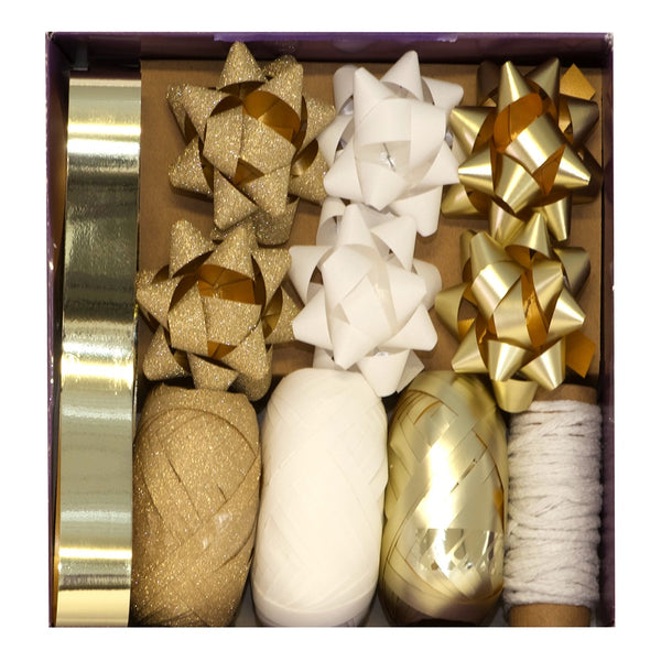 Christmas Gold Bow & Ribbon Set Gift Wrap Assortment | Gold, White & Cream