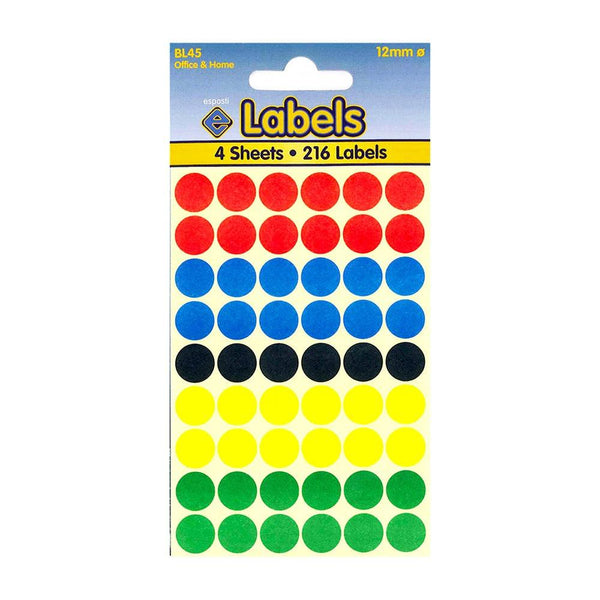 Esposti Vibrant Coloured Adhesive Labels | 12mm, 216 Labels | Pack of 4