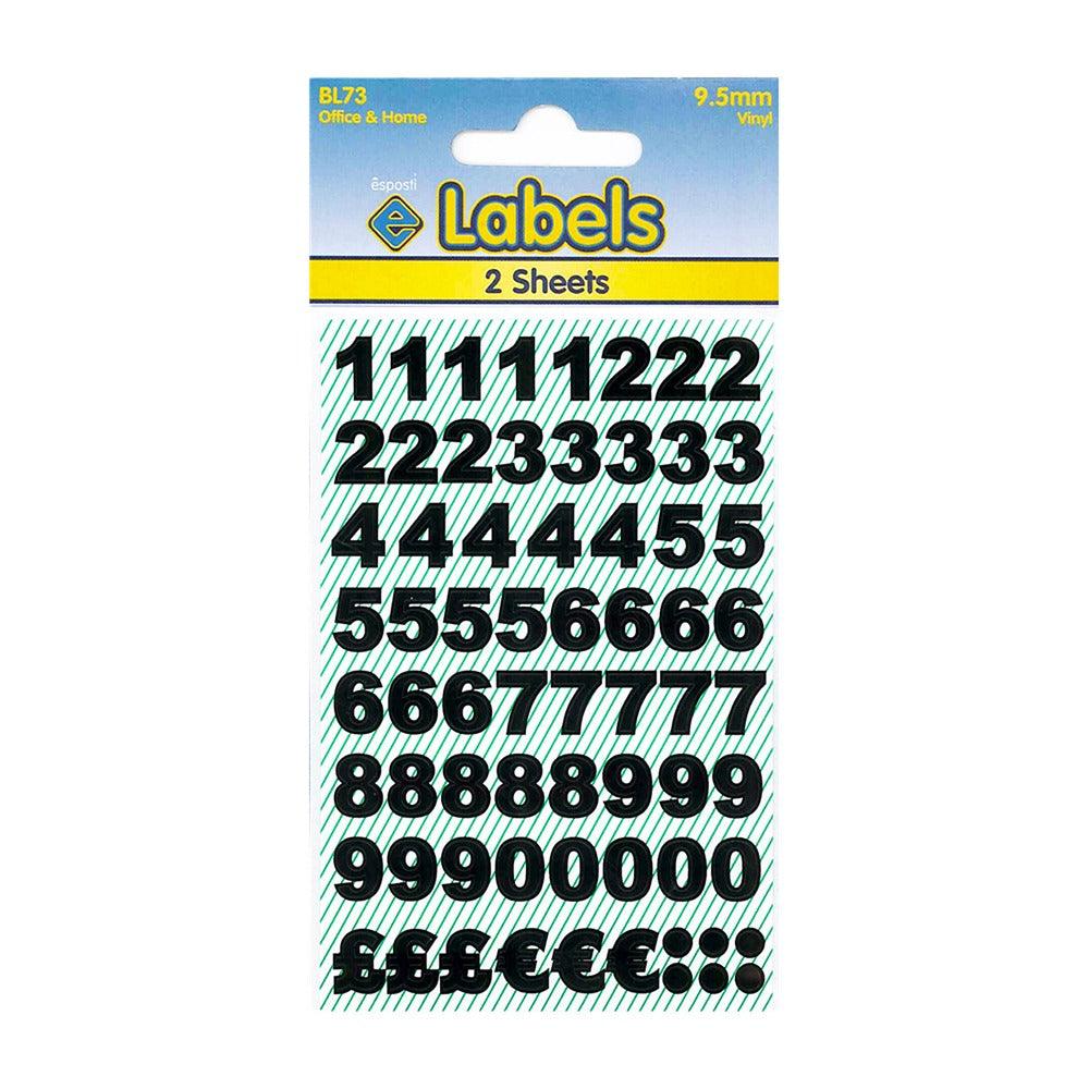 Esposti Durable Vinyl Labels | Numbers and Currency Symbols | Black 9.5mm 2pk
