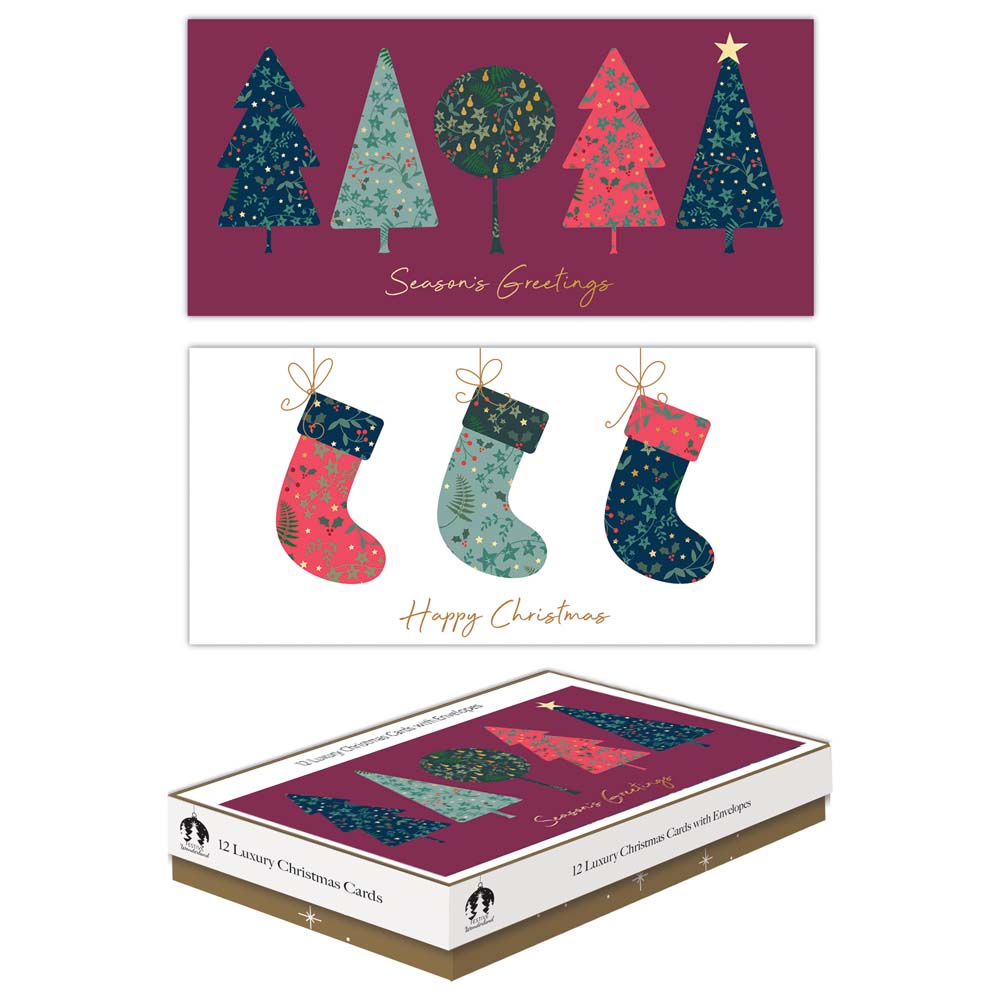 Christmas Boxed Christmas Cards | Pack of 12, with Envelopes, Trees & Stockings