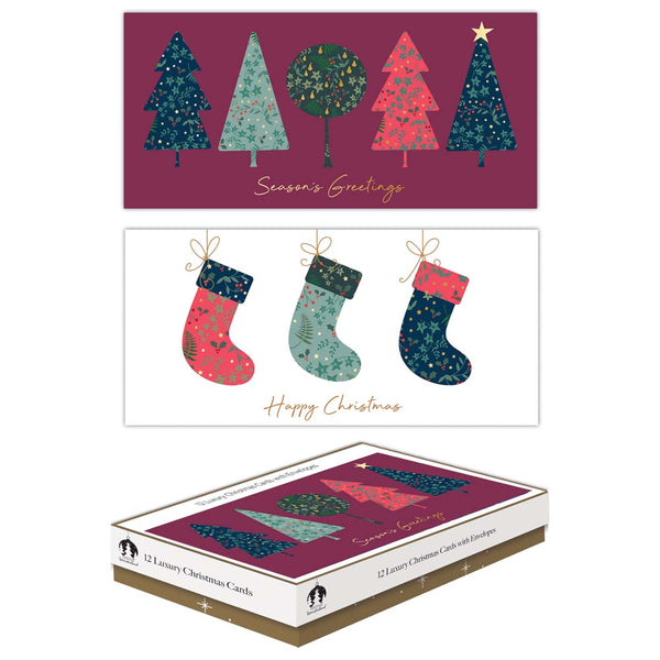Christmas Boxed Christmas Cards | Pack of 12, with Envelopes, Trees & Stockings