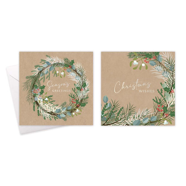 Christmas Square Kraft Wreath Greeting Cards | Pack of 10, Assorted Designs