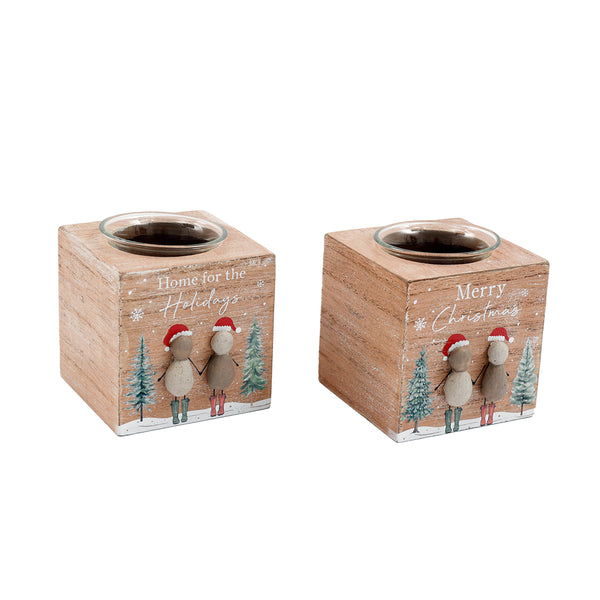Christmas Wooden Cube Tealight Candle Holder | 8 x 8cm, Glass Insert, Figurines