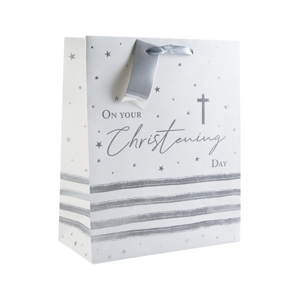 Kraft Large Christening Gift Bag | White and Silver, Ribbon Handles