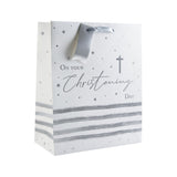 Kraft Large Christening Gift Bag | White and Silver, Ribbon Handles