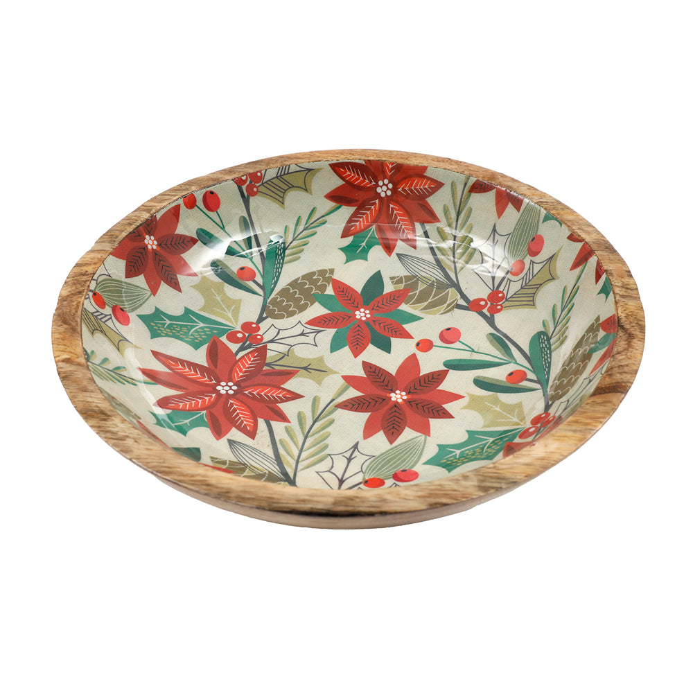 Christmas Poinsettia Enamel Bowl | 30cm, Rustic Wooden Rim, Assorted Designs