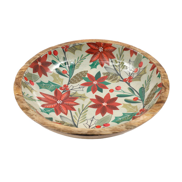 Christmas Poinsettia Enamel Bowl | 30cm, Rustic Wooden Rim, Assorted Designs