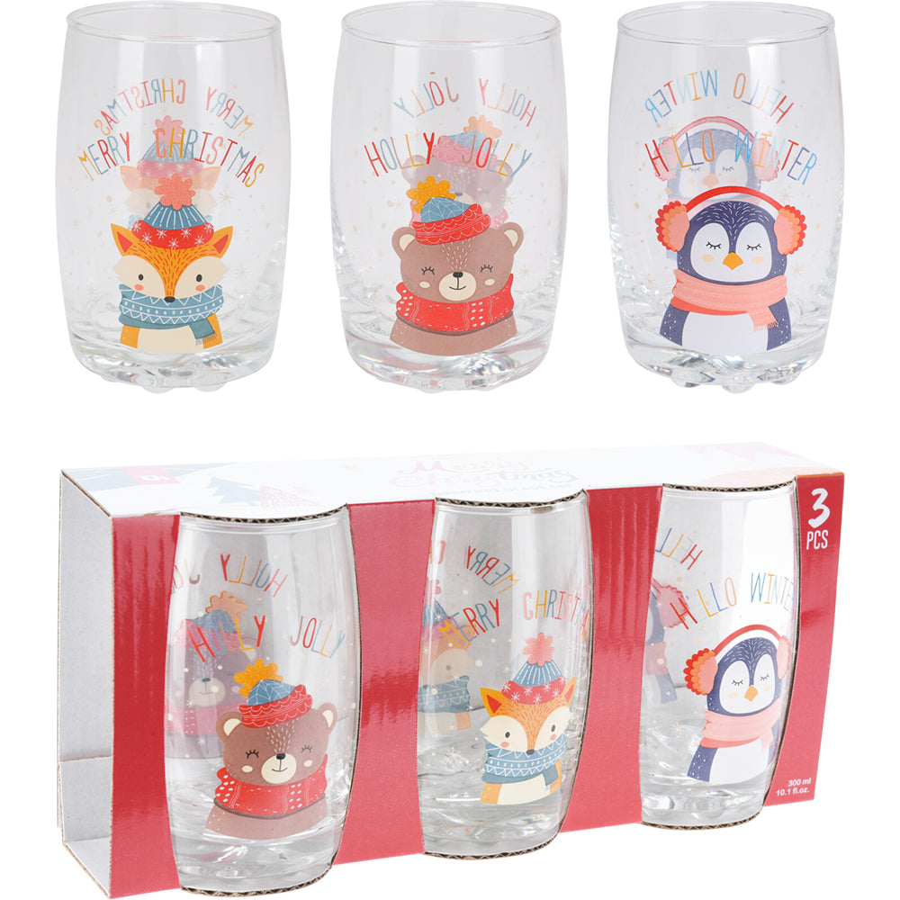 Christmas Festive Animal Tumbler Glasses | 300 ml, Set of 3, Seasonal Phrases
