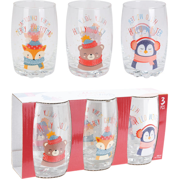 Christmas Festive Animal Tumbler Glasses | 300 ml, Set of 3, Seasonal Phrases