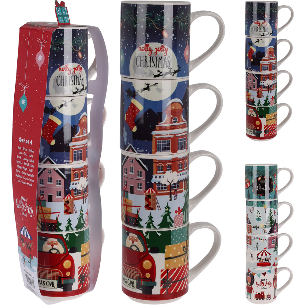 Christmas Festive Stackable Mugs | Pack of 4, Assorted Designs