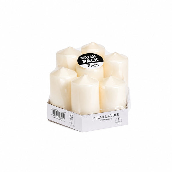Ivory Decorative Pointed Top Pillar Candles | Pack of 7, Assorted