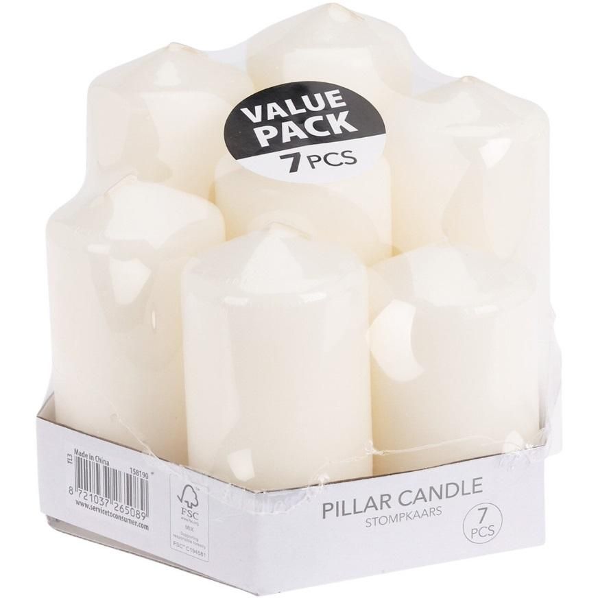 Ivory Decorative Pointed Top Pillar Candles | Pack of 7, Assorted