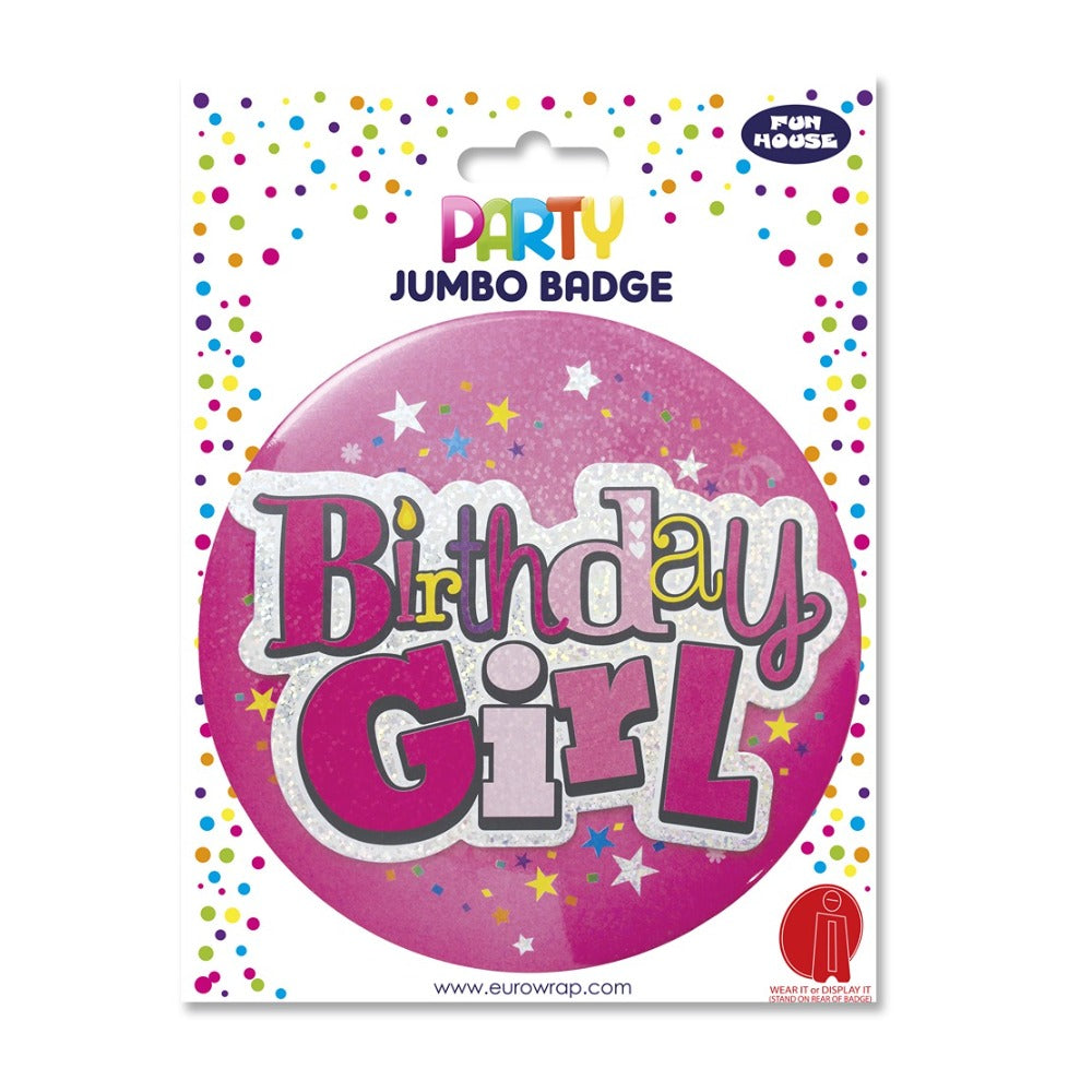 Birthday Girl Jumbo Glitter Party Badge | Pink and Purple, Stand Display