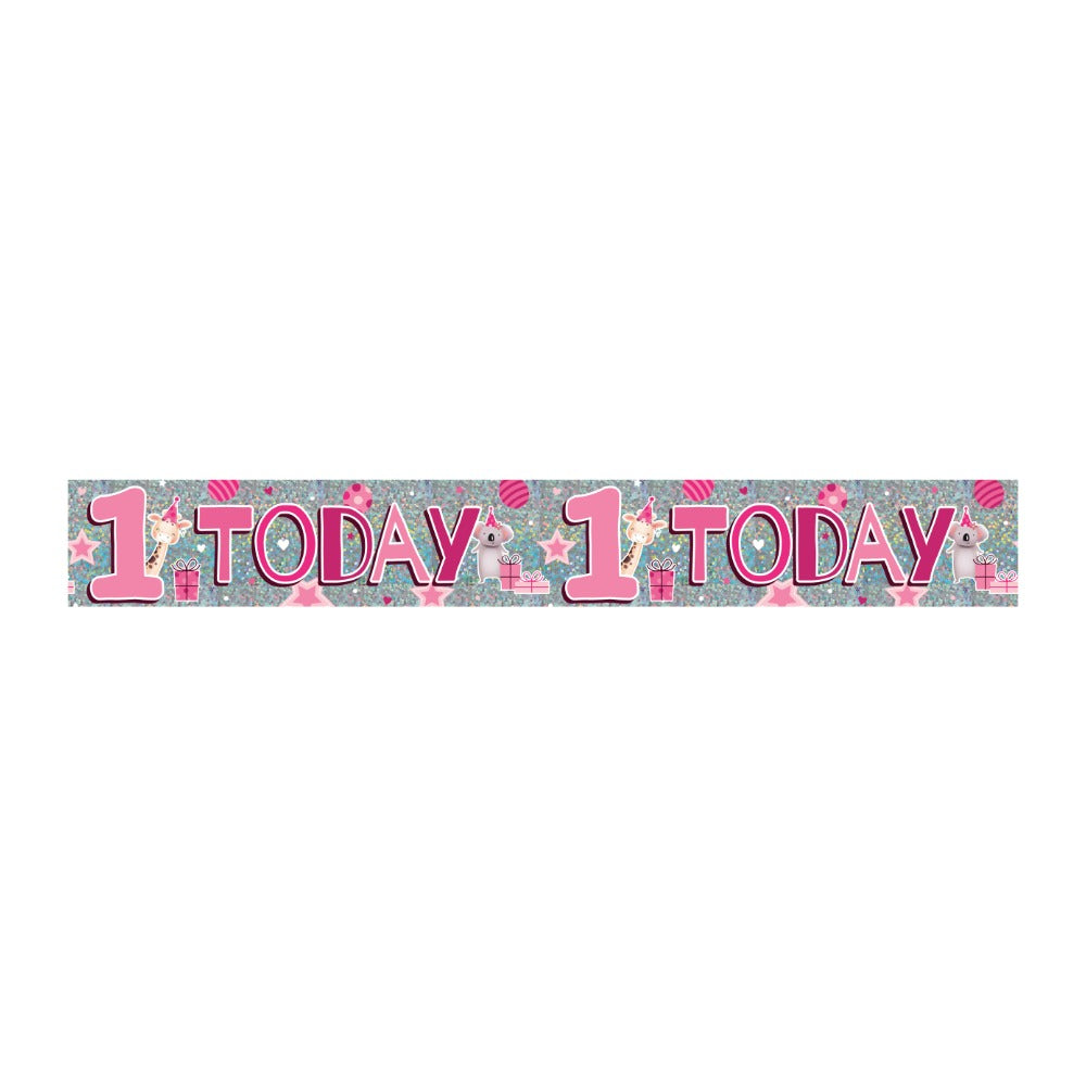 1 Today First Birthday Banner | Pink, Unicorn, Glitter-Effect Print