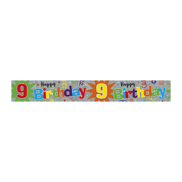 Happy 9th Birthday Holographic Banner | Multicolour, Silver Shimmer