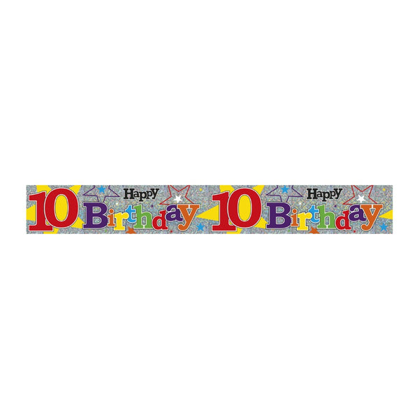 10th Birthday Holographic Party Banner | Silver, Multicoloured Lettering