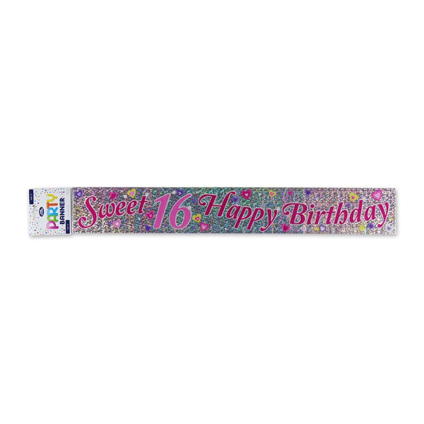 Sweet 16 Holographic Birthday Banner | Pink and Purple, Heart Accents