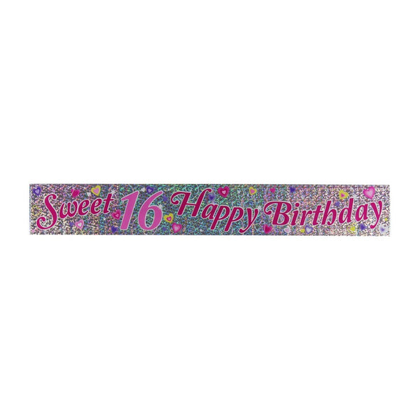 Sweet 16 Holographic Birthday Banner | Pink and Purple, Heart Accents