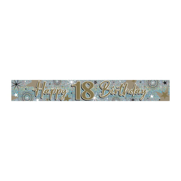 Happy 18th Birthday Holographic Banner Decoration | Gold, Black and Silver
