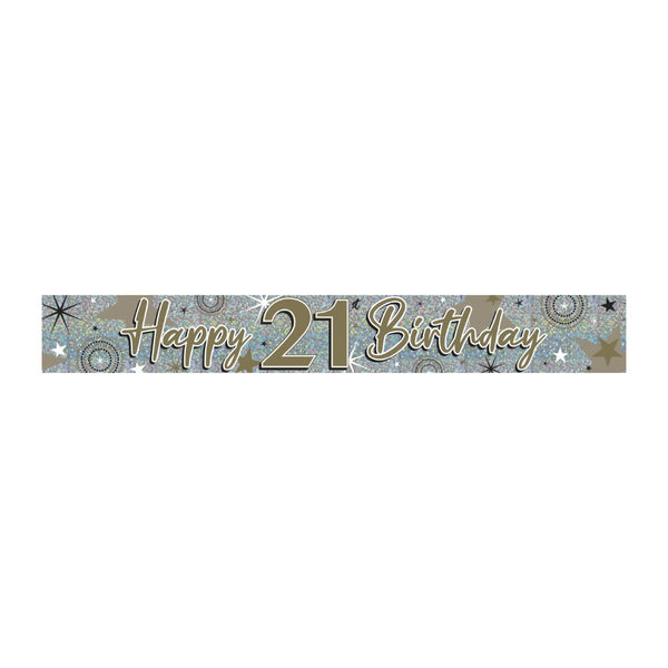 21st Birthday Holographic Banner | Black, Gold and Silver Glitter Effect