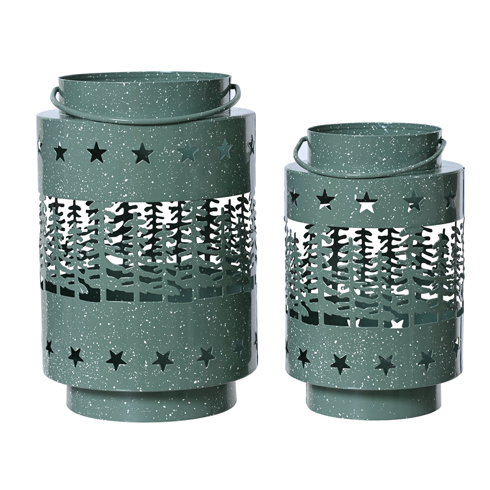 Christmas Speckled Green Round Tree Scene Lantern | Set of 2, Star Perforations