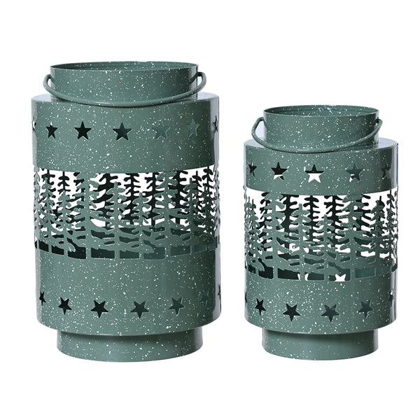 Christmas Speckled Green Round Tree Scene Lantern | Set of 2, Star Perforations