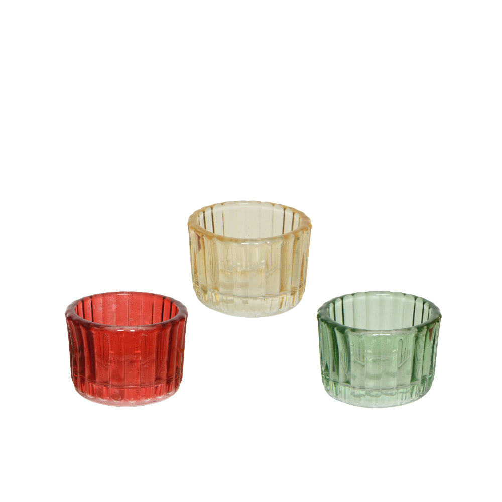 Decoris Ribbed Glass Tealight Holder | Assorted Colours, Pack of 3
