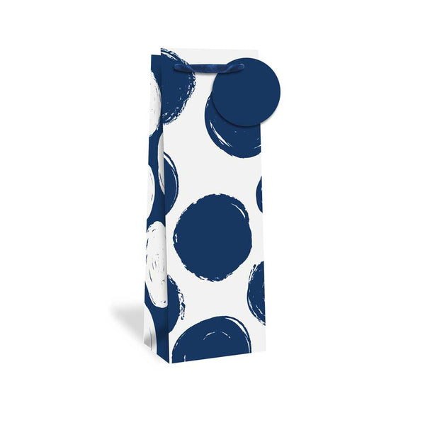 Tallon Bottle Gift Bag | Navy Brushstroke Dots, Tag, Satin Handles