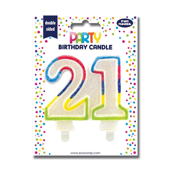 21st Birthday Glitter Number Candle | Multicolour Outline, Cake Topper
