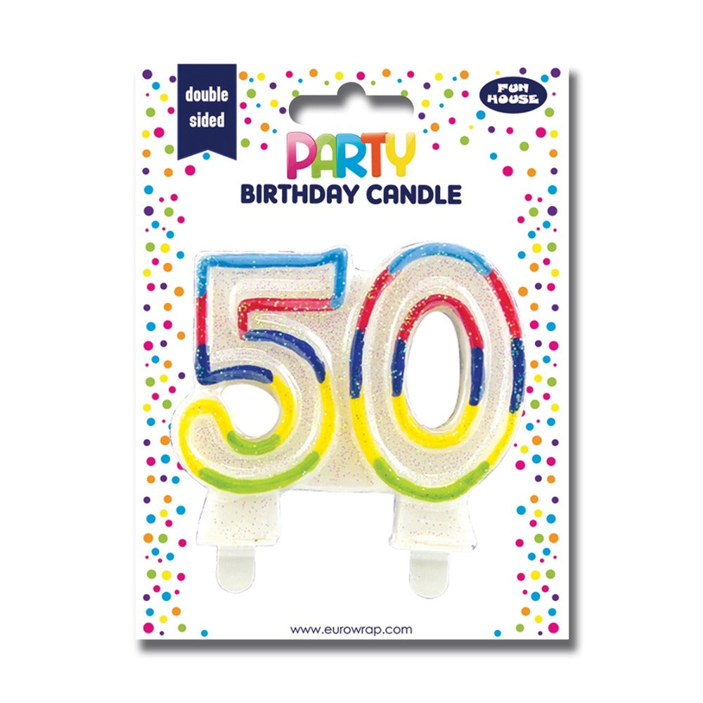 Rainbow Glitter 50th Birthday Number Candle | Double-Sided Cake Picks