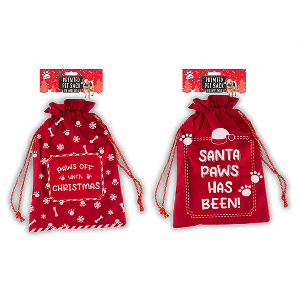 Christmas Printed Pet Gift Sack | Drawstring, Reusable, Paw Print Designs