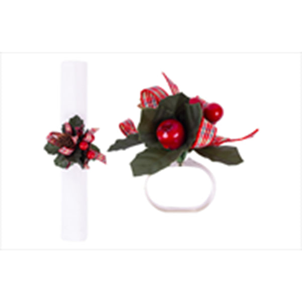 Christmas Red Berry Napkin Ring Corsage-Style | Plaid Ribbon, Greenery
