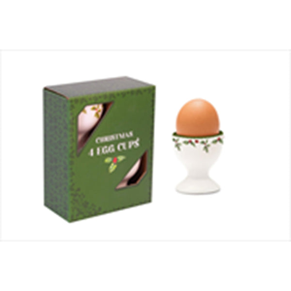 Christmas Holly Pedestal Egg Cups | Set of 4, White, Floral Garland Rim