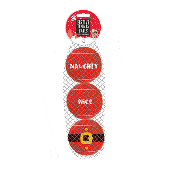 Christmas Pet Tennis Balls Dog Toy | Pack of 3, Red, Naughty/Nice/Santa Belt