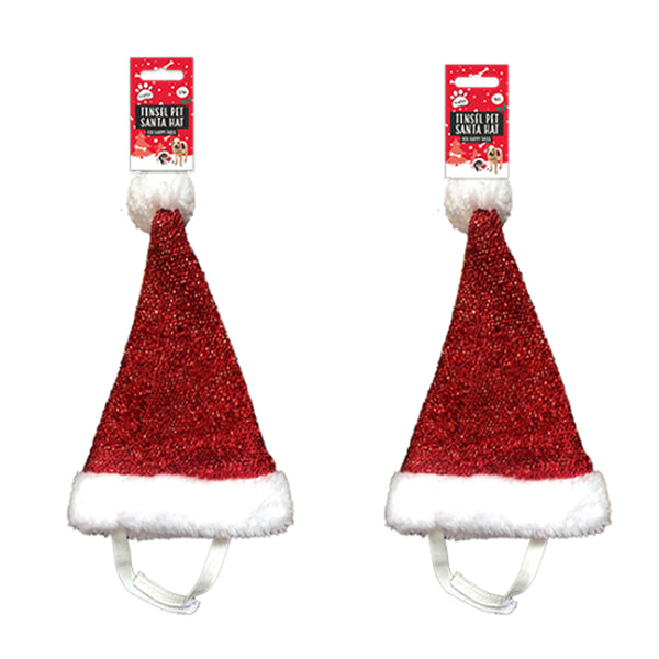 Christmas Pet Tinsel Santa Hat | Adjustable Strap, Fluffy Trim, Pom-Pom