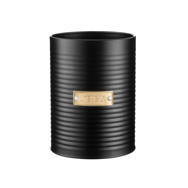 Typhoon Otto Black Ribbed Utensil Pot | Gold-Tone Label, Open Top
