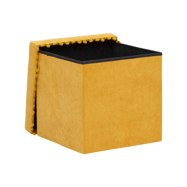 Atmosphera Foldable Storage Pouf | Ochre, Cushioned Lid, Pom-Pom Trim