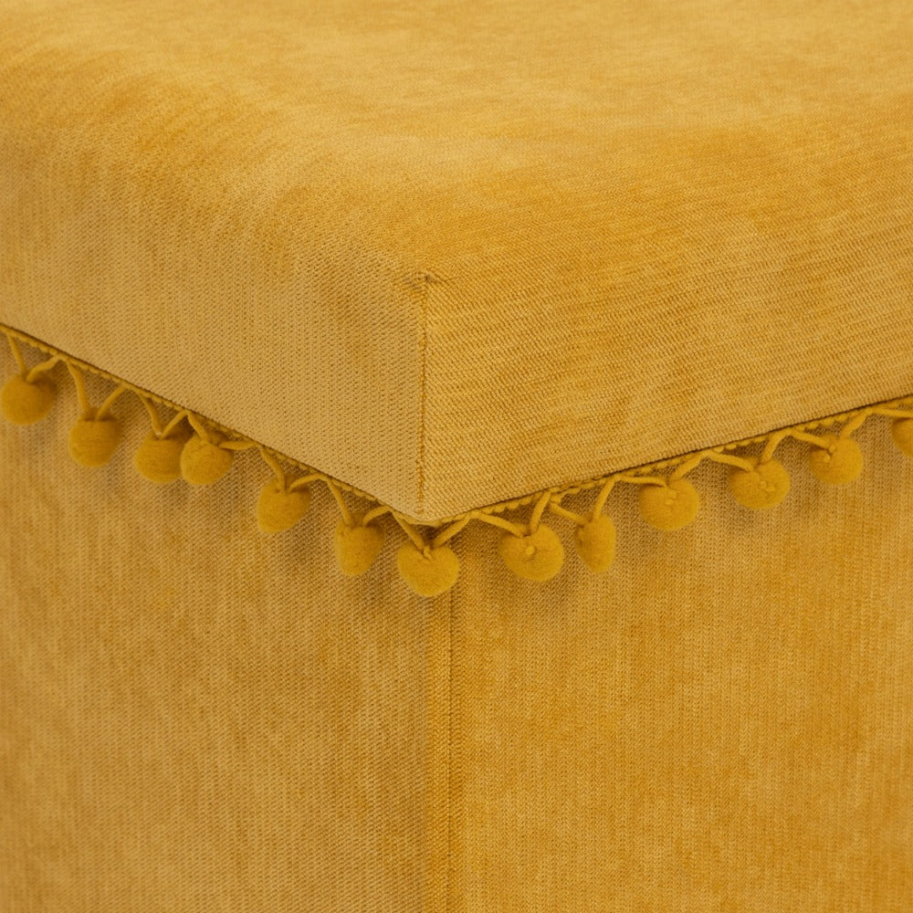 Atmosphera Foldable Storage Pouf | Ochre, Cushioned Lid, Pom-Pom Trim
