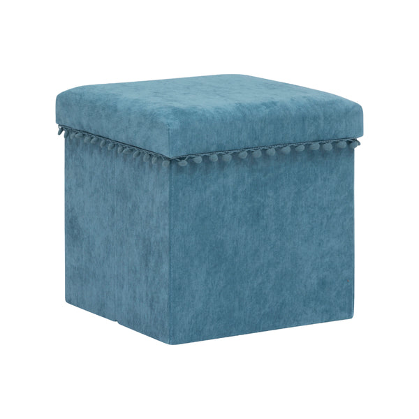 Atmosphera Foldable Blue Storage Pouf Ottoman | Lift-Up Lid, Pom-Pom Trim