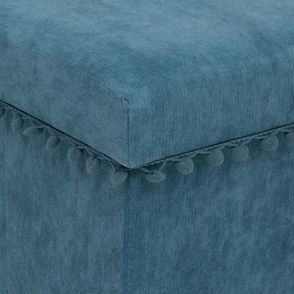 Atmosphera Foldable Blue Storage Pouf Ottoman | Lift-Up Lid, Pom-Pom Trim