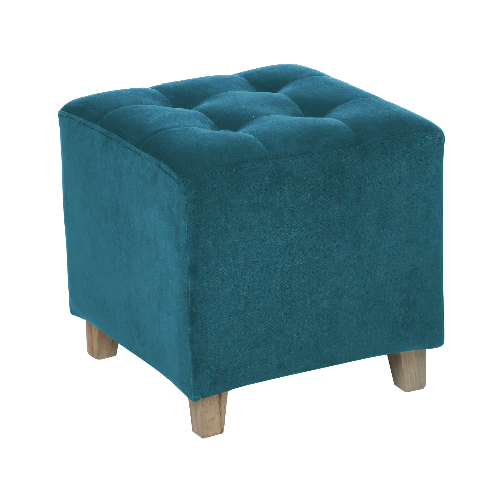Atmosphera Teal Velvet Tufted Footstool | Cube, Padded, Natural Legs